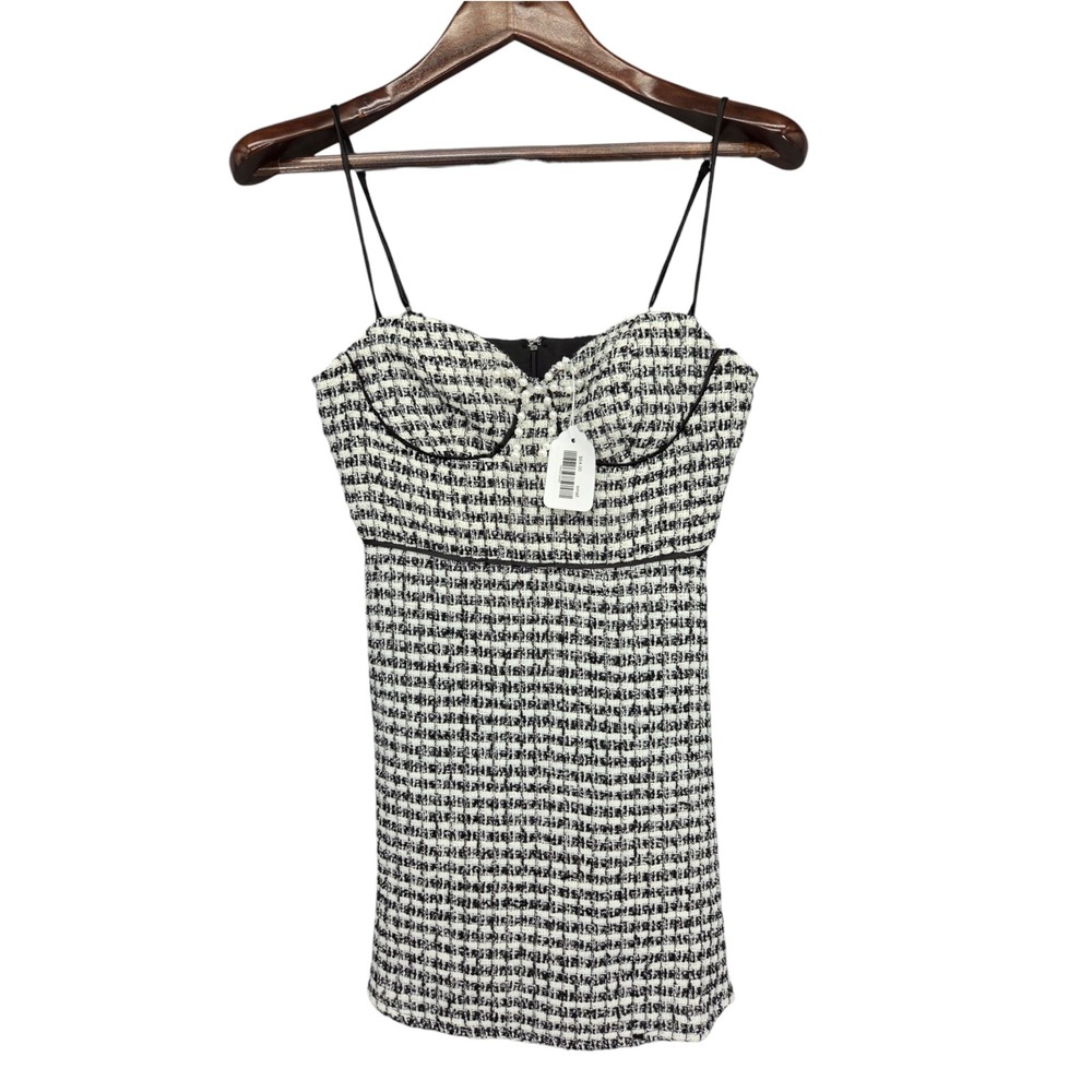 LENA NWT Small Black White Tweed Mini Dress Pearl Bow Corset Cocktail